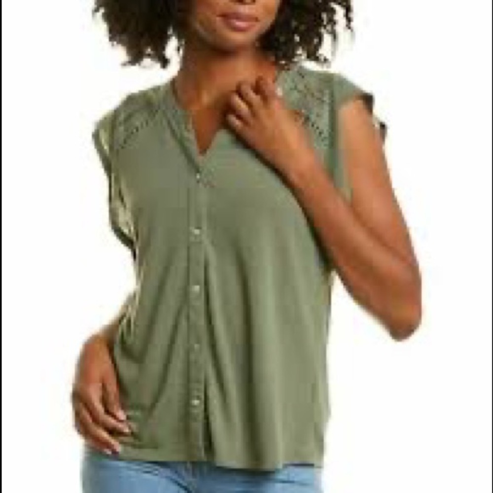 NANETTE LEPORE | Olive Green Button Down Flutter Sleeve Blouse Sz S